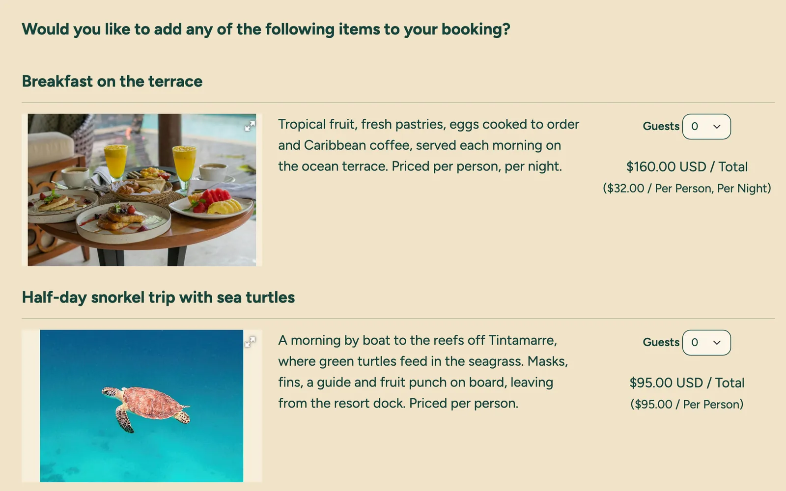 Die Extras des Marivela Beach Resort für den Aufenthalt: Frühstück auf der Terrasse für 32,00 $ pro Person und Nacht und ein halbtägiger Schnorchelausflug für 95,00 $ pro Person, jeweils mit Gästeauswahl.
