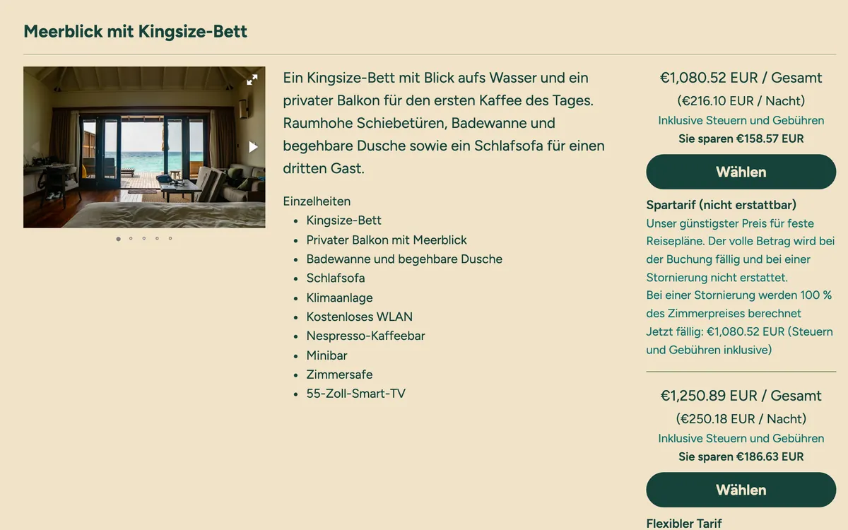 Der Ocean View King auf der Buchungsseite des Marivela auf Deutsch, in Euro.