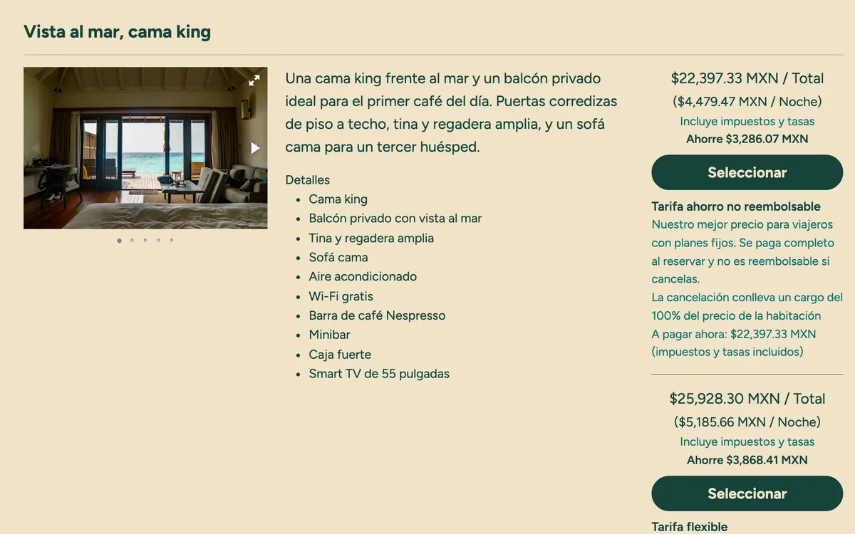 Dasselbe Zimmer auf Spanisch, in mexikanischen Pesos.
