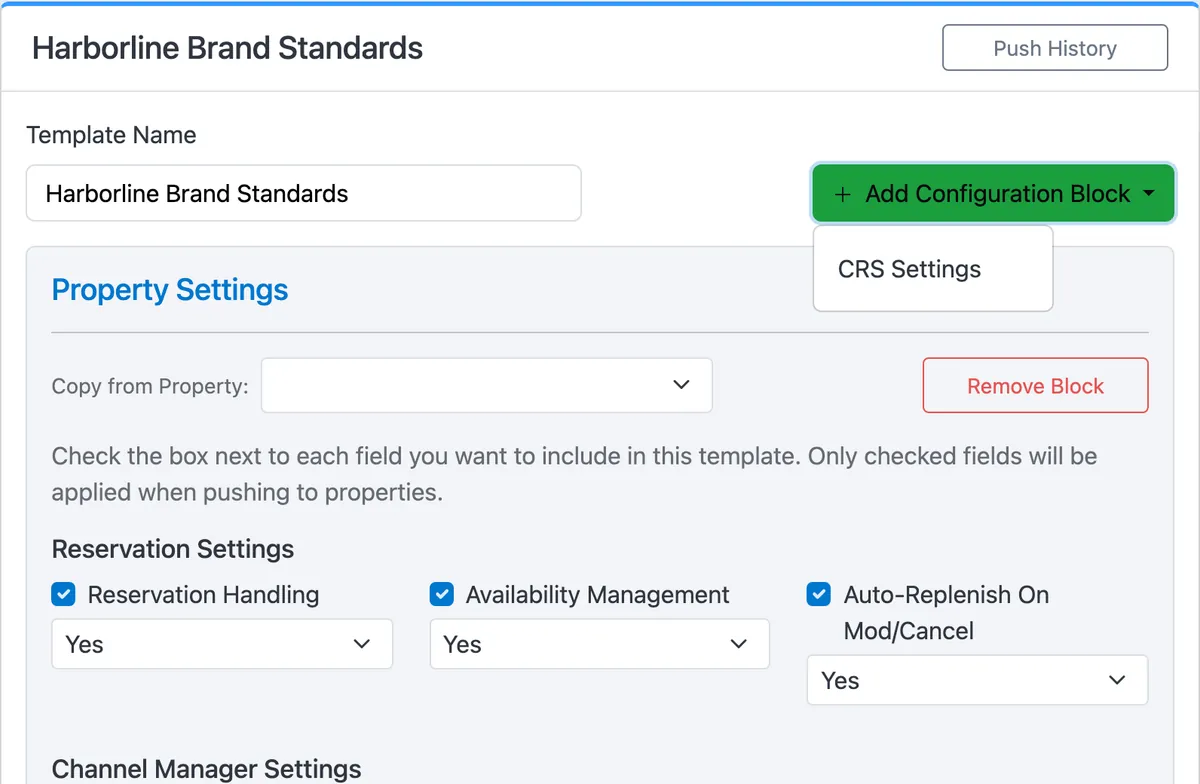 Das Org Template „Harborline Brand Standards“ mit geöffnetem Menü „Add Configuration Block“ auf CRS Settings