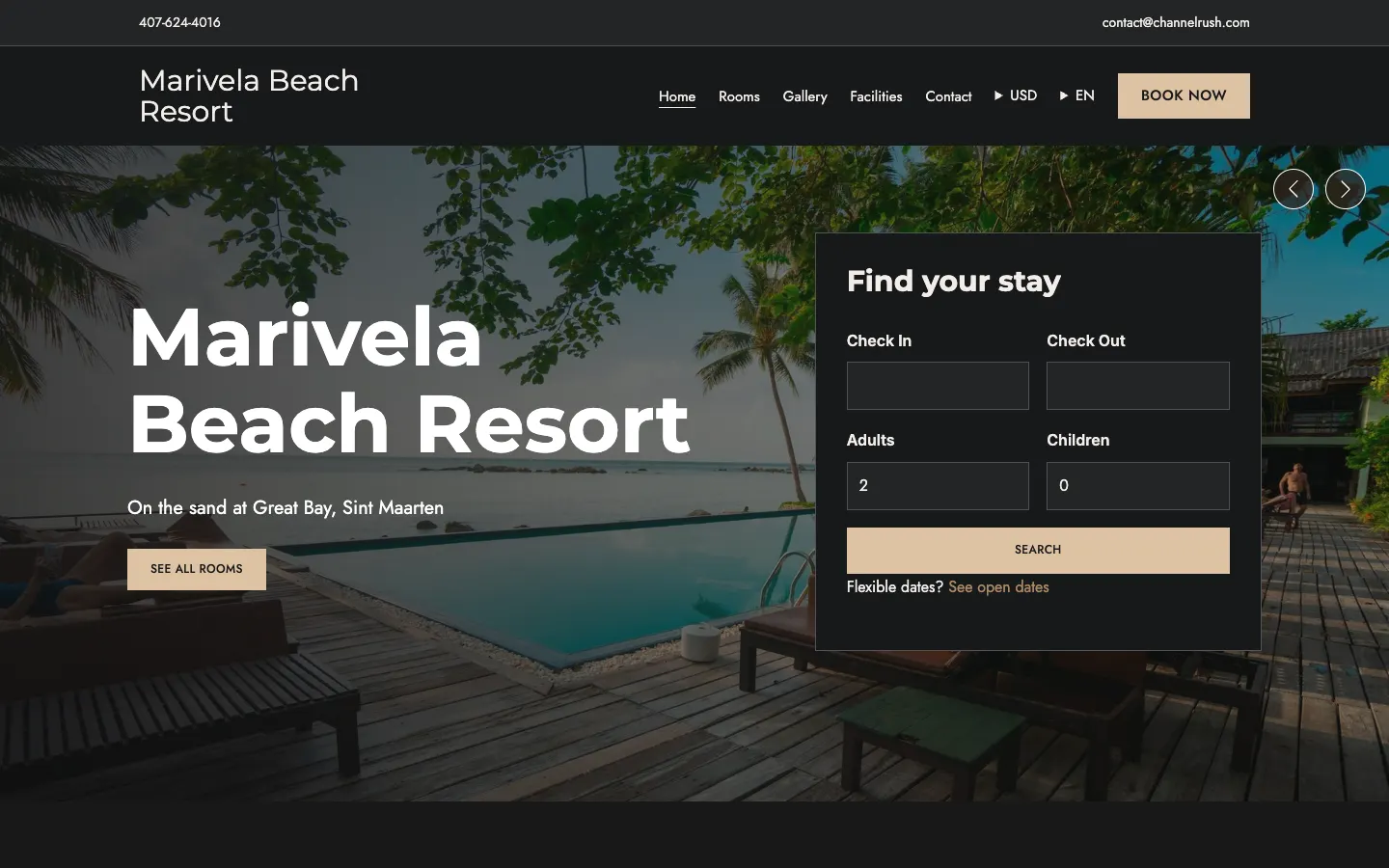 Theme Almaris mit der Startseite „Holiday“ im Stil „Bold“ und dunklem Farbschema