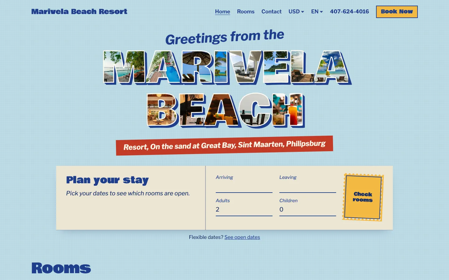 Startseite eines Demo-Hotels im Theme Postcard auf einem Desktop-Bildschirm
