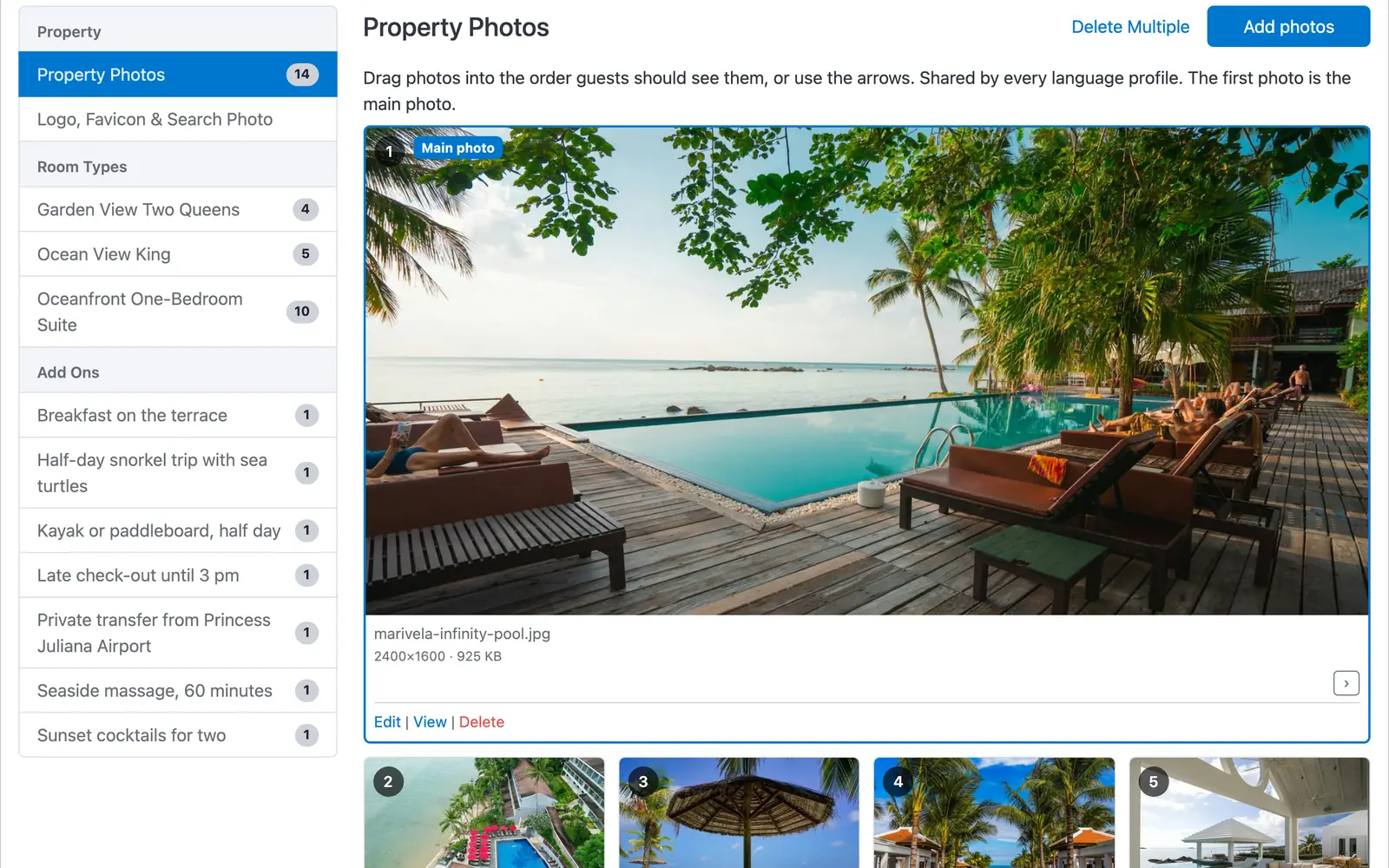 Der ChannelRUSH-Fotomanager des Marivela Beach Resort: Fotoziele mit Anzahl, das Hauptfoto und seine Pixel- und Dateigröße