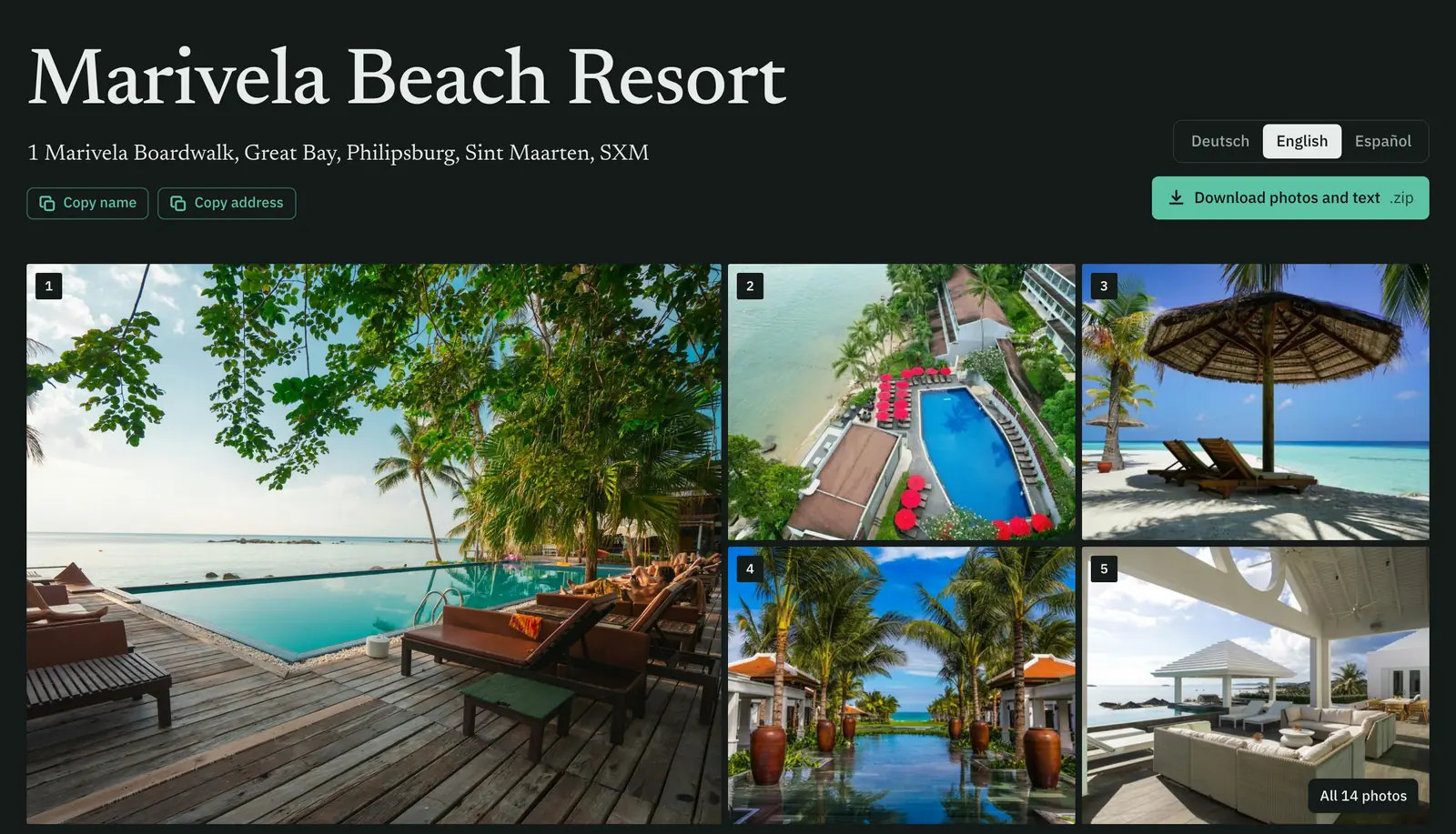 Die öffentliche Content-Seite des Marivela Beach Resort: Name und Adresse kopieren, Sprachumschalter, ZIP-Download und dieselben Fotos in derselben Reihenfolge