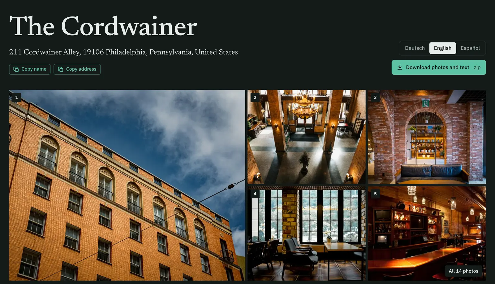 Die öffentliche Content-Seite von The Cordwainer: Name und Adresse mit Kopieren-Buttons, Sprachumschalter, ZIP-Download und ein nummeriertes Fotomosaik