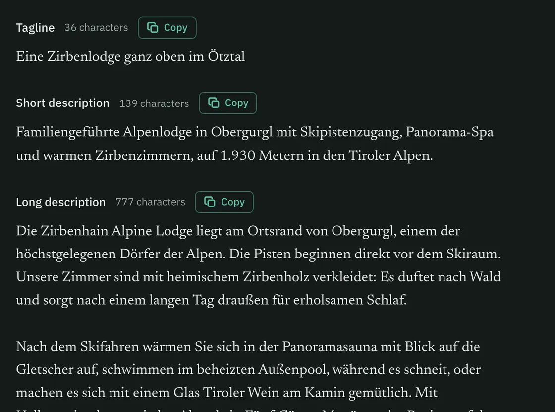Das deutsche Profil der Zirbenhain Alpine Lodge: Slogan, Kurz- und Langbeschreibung, jeweils mit Zeichenzahl und Kopieren-Button