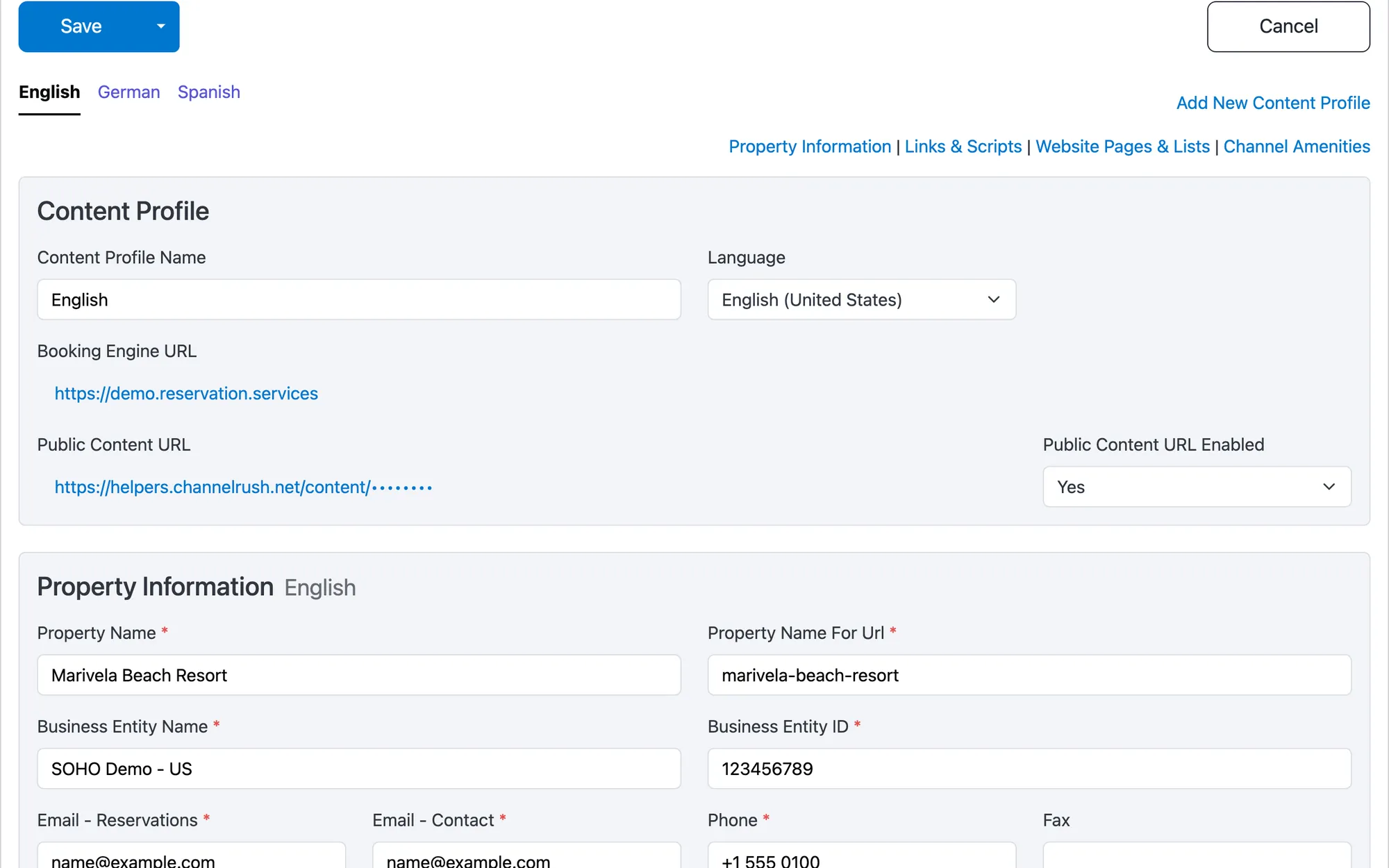Content-Einstellungen des Marivela Beach Resort: Profile auf Englisch, Deutsch und Spanisch, die Sprache des Profils und sein öffentlicher Content-Link