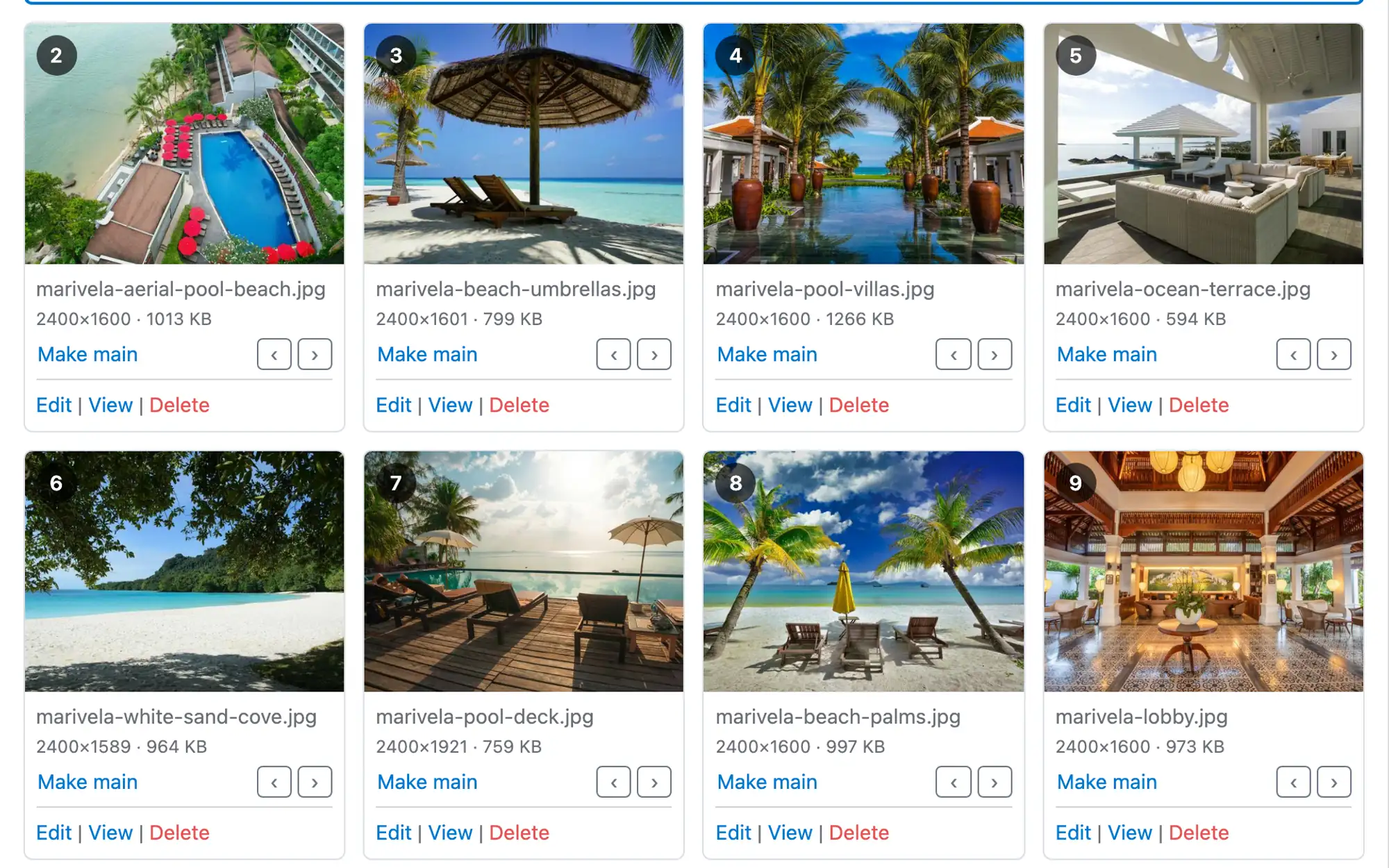 Das Fotoraster: nummerierte Fotos mit Pixel- und Dateigröße sowie „Make main“ und Pfeiltasten